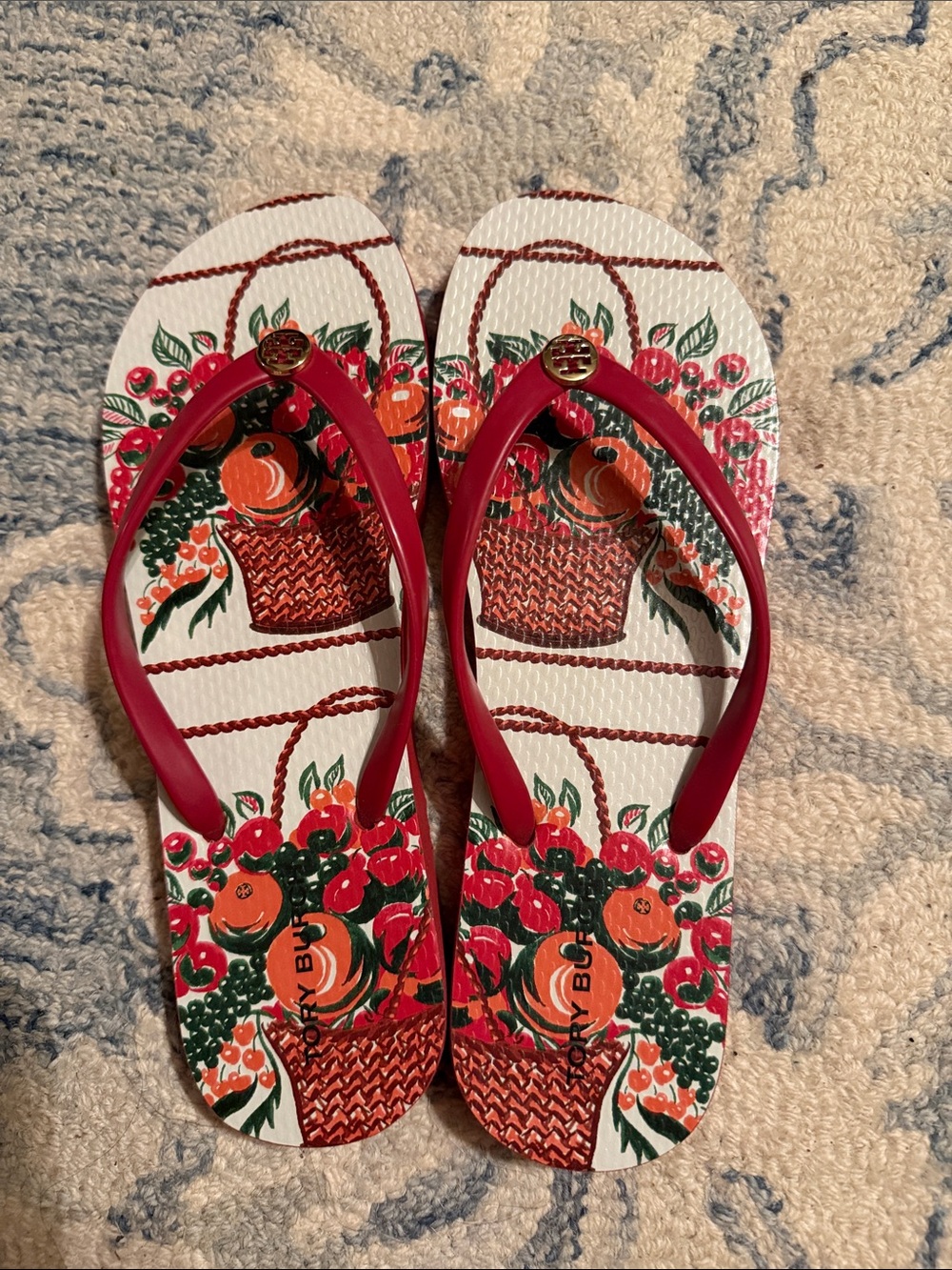 Tory Burch Red Floral Basket-Print Flip Flop Sandals